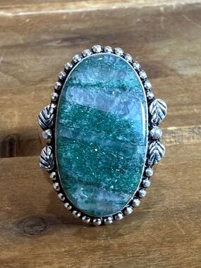 Vintage Style Green Aventurine Gemstone Ring Women Size 7.5 Silver 925 Boho